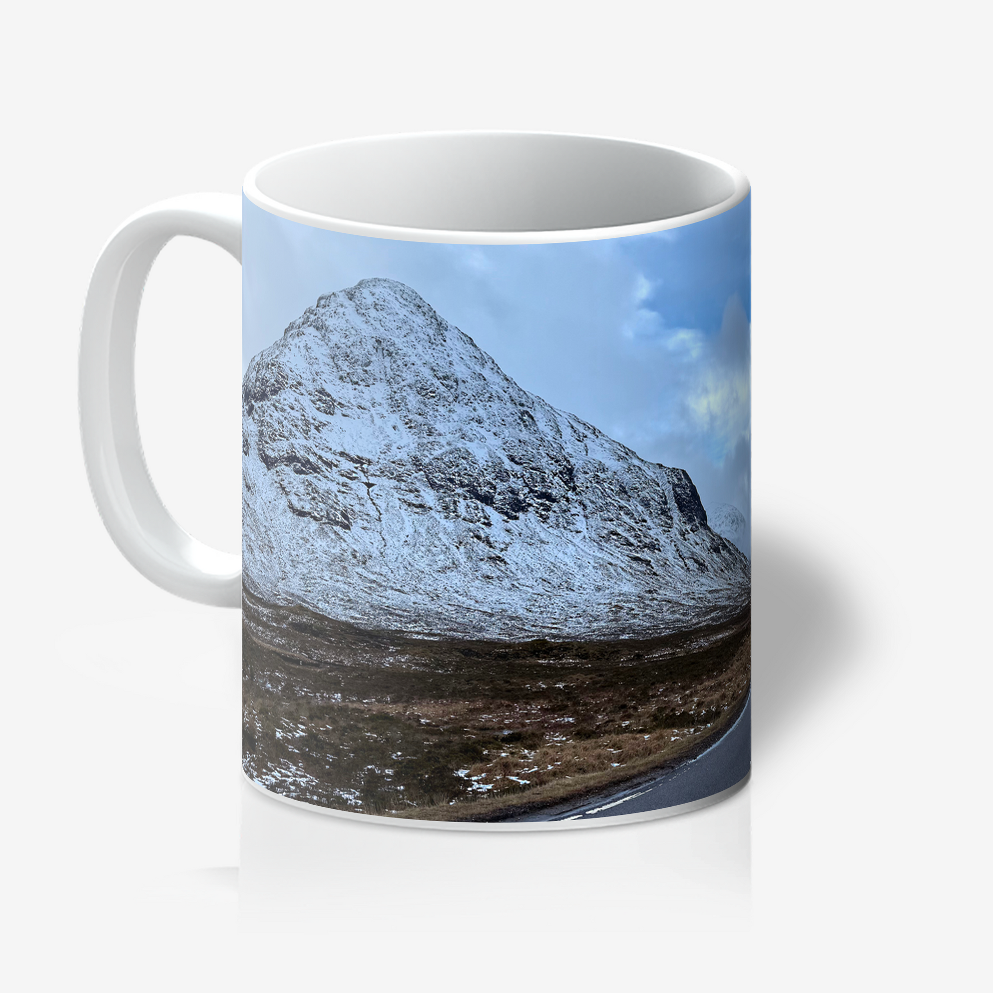 Mug with a mountain landscape design on a white background