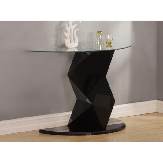 A black high gloss console table with a glass top and a geometric shape, placed against a neutral background.