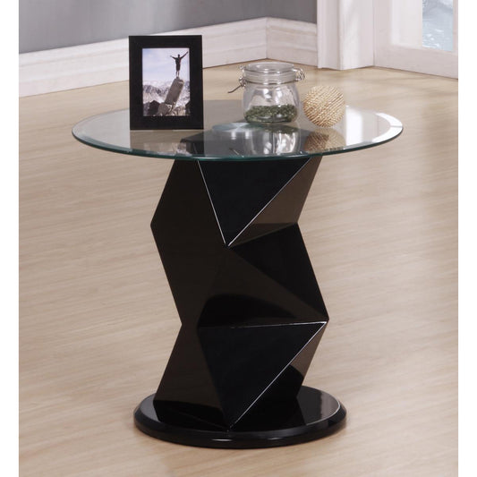 Modern black side table with glass top in a room setting
