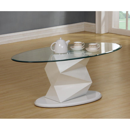 Modern glass coffee table with geometric base in a room setting