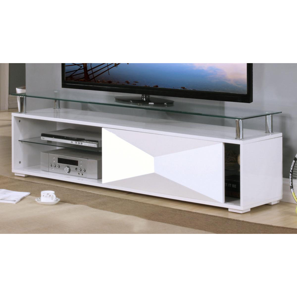 A white high gloss TV unit with a glass top, featuring shelves and side cabinets, assembled in a room.