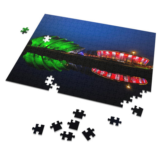 Jigsaw puzzle with completed pieces and missing ones, featuring a colourful stadium at night.
