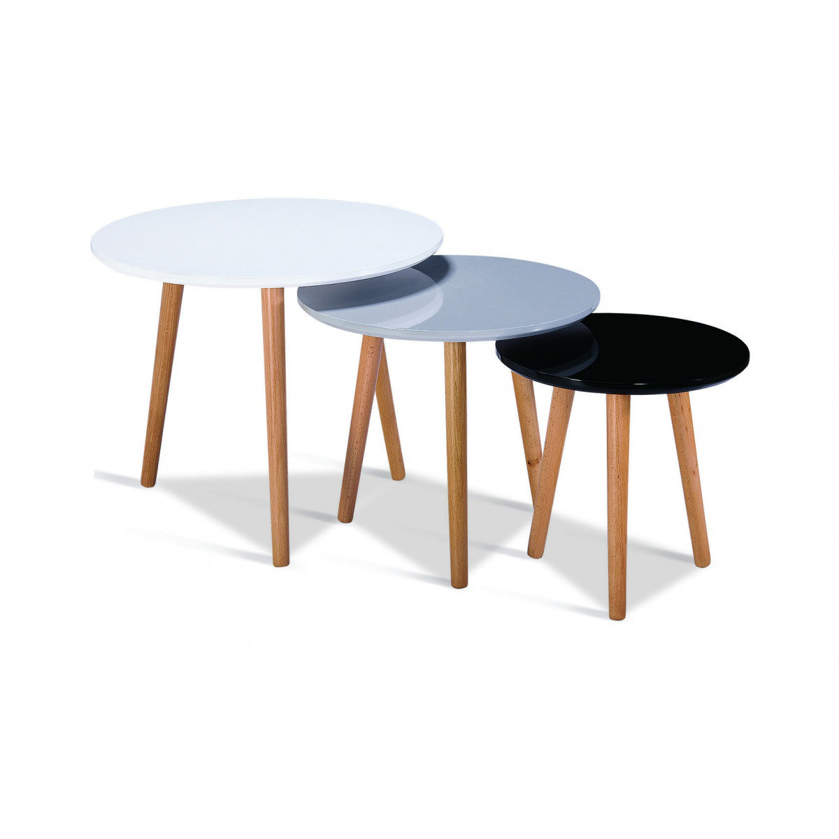 A set of three high gloss nest of tables with beech legs, in black, white, and gray colors.