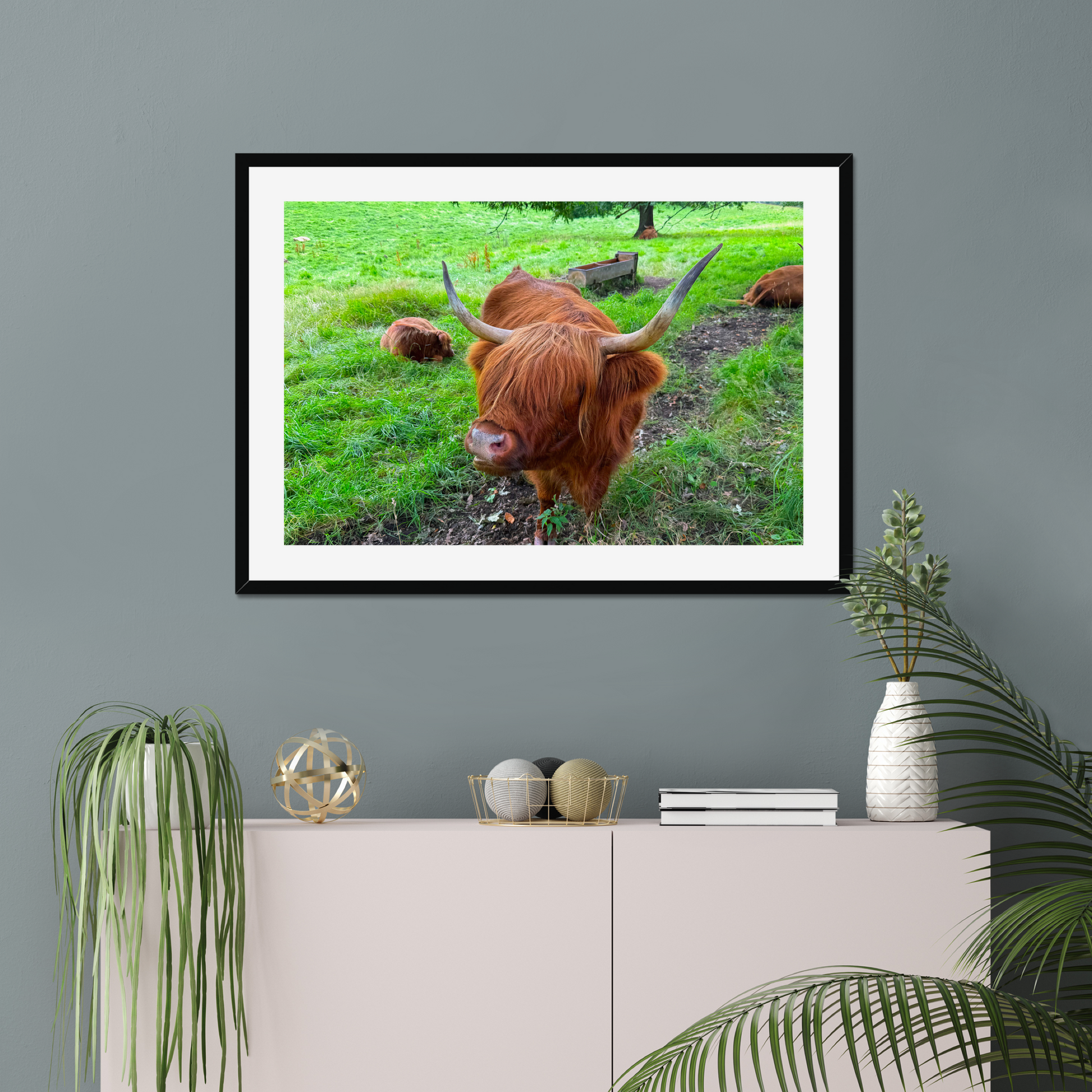 Framed picture of a highland cow on a wall above a cabinet with decorative items.