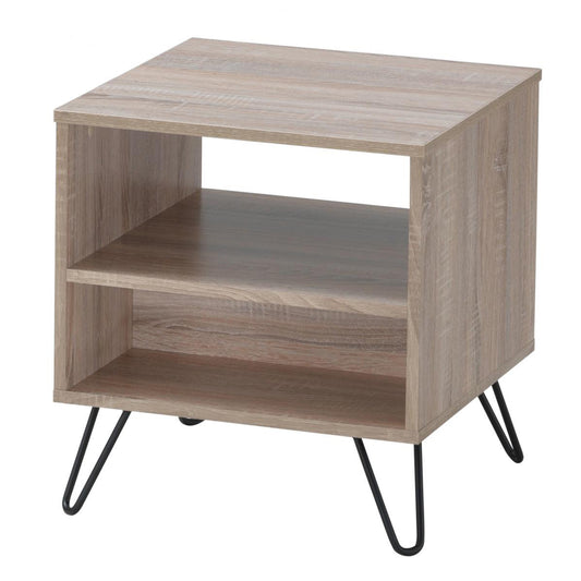 Wooden side table with metal legs on a white background