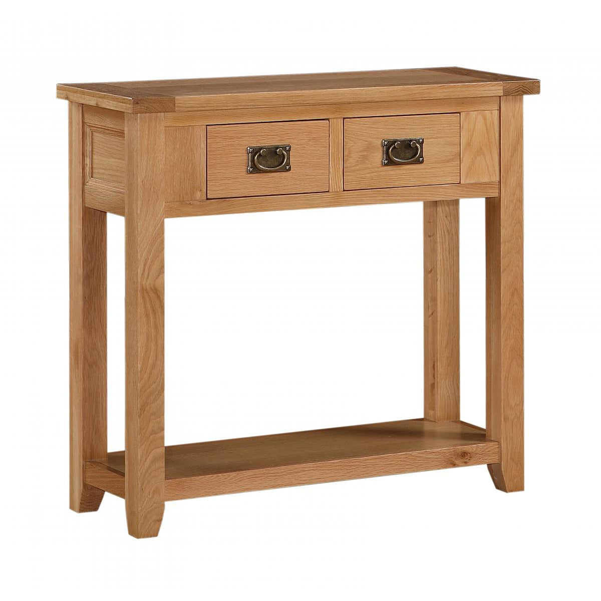 Solid oak console table with two drawers and a shelf on a white background.