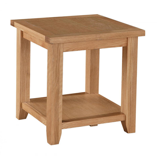 Wooden side table with a shelf on a white background