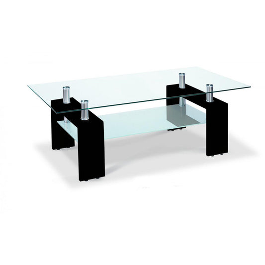 Black high gloss coffee table with a clear glass top and high gloss legs.