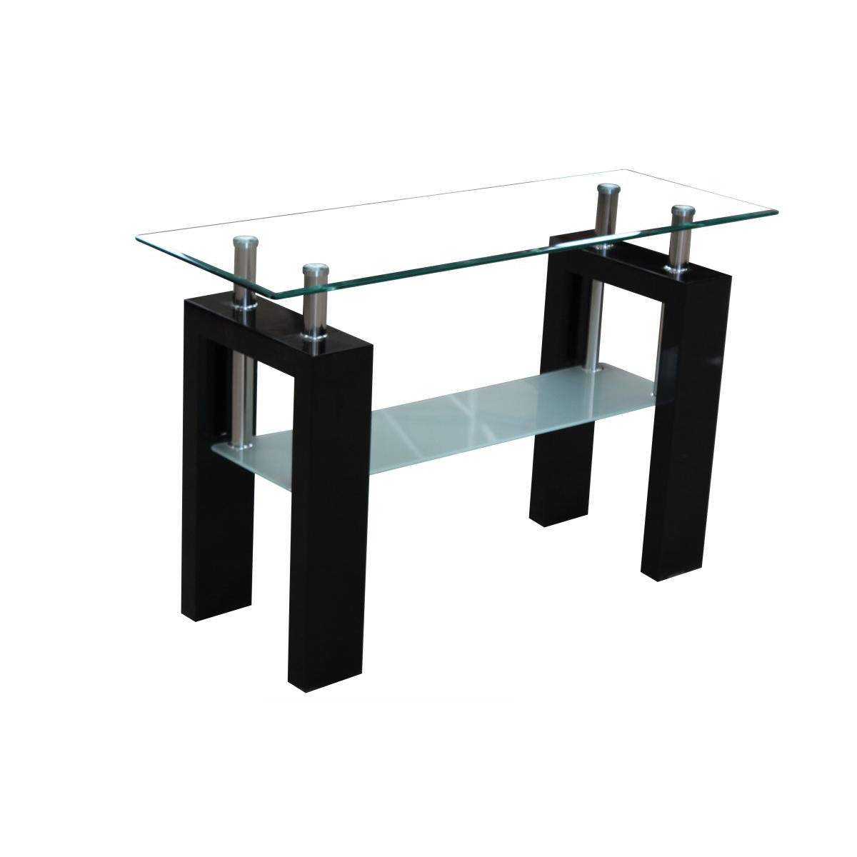 Black high gloss console table with a clear glass top and metal legs, no backboard shown.