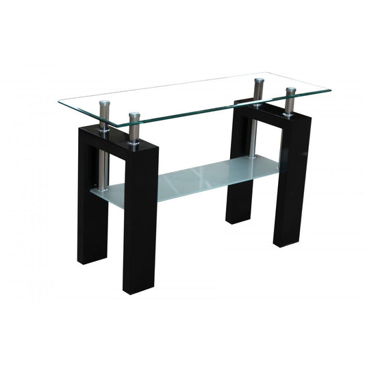 Black high gloss console table with a clear glass top and metal legs, no backboard shown.
