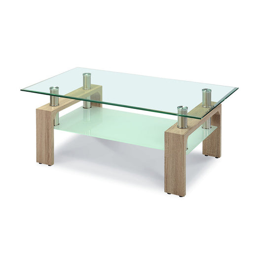 Glass coffee table with wooden legs on a white background