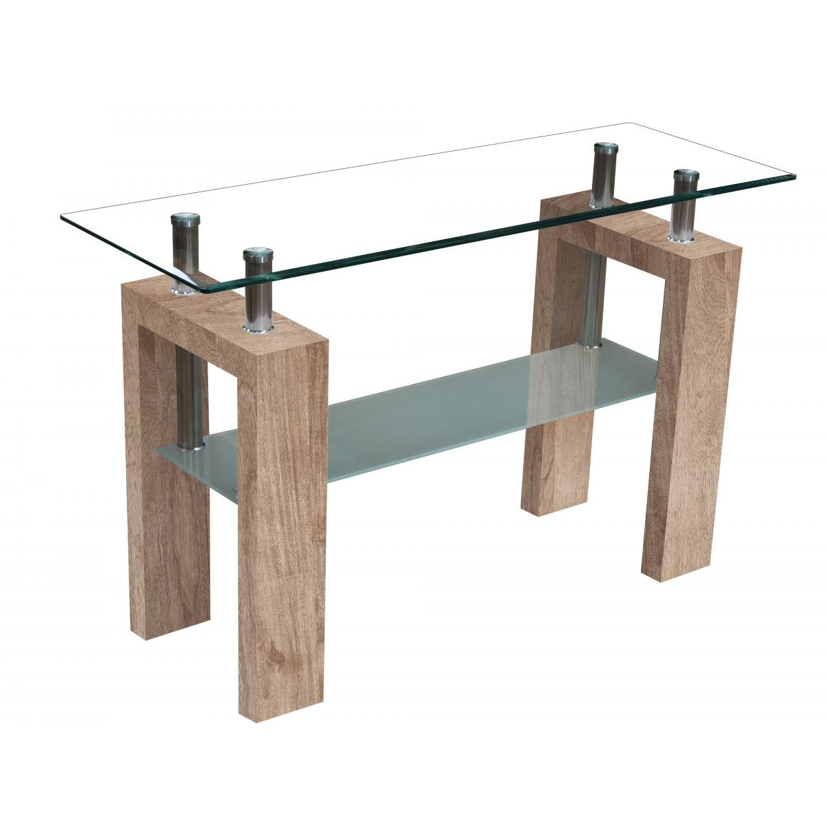 A console table with a natural oak effect finish and a clear glass shelf, supported by four wooden legs.