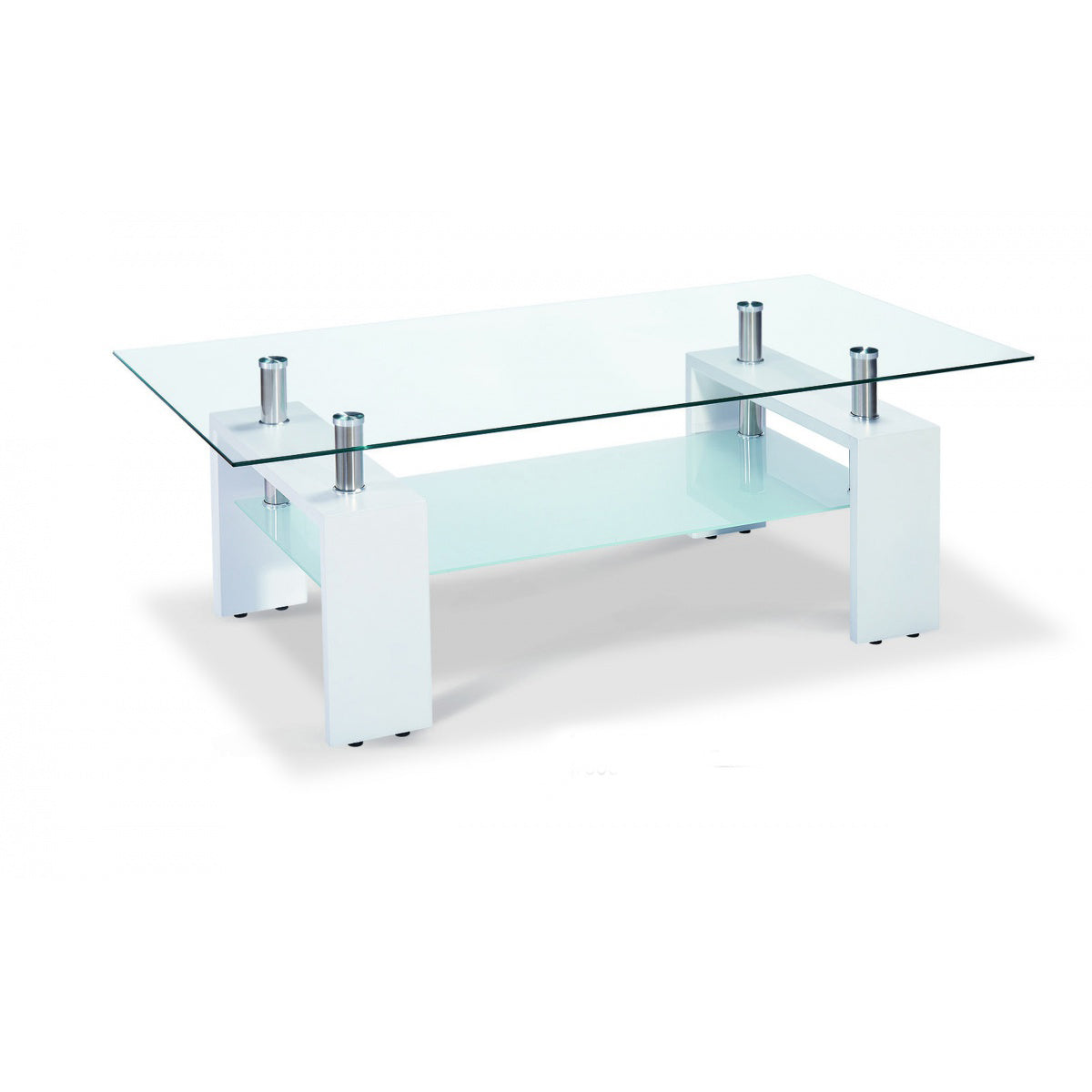 white high gloss coffee table with a clear glass top and high gloss legs.
