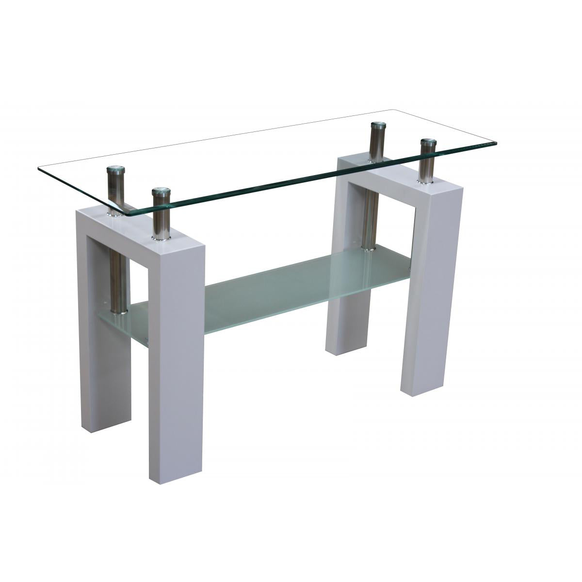 White high gloss console table with a clear glass top. 