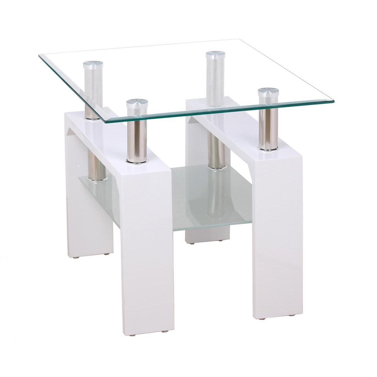 White high gloss lamp table with a clear glass top and metal legs, no visible lighting fixtures.