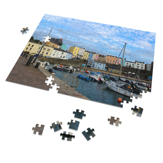 Jigsaw puzzle of a harbour scene with colourful buildings and boats, some pieces missing.