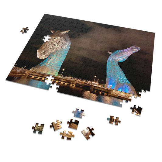 Jigsaw puzzle with completed pieces and missing ones, featuring a large horse sculptures by the water.